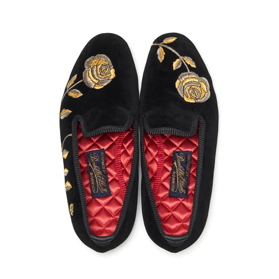 Aspinal Of London Handmade Velvet Slippers Loafers‎ Men Size UK8/US9 Black/Gold FERUCCI Men Black Velvet Slippers Loafers Flats With Gold  main image 2
