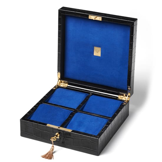 Square Four Watch Box in Black Croc | Aspinal of London