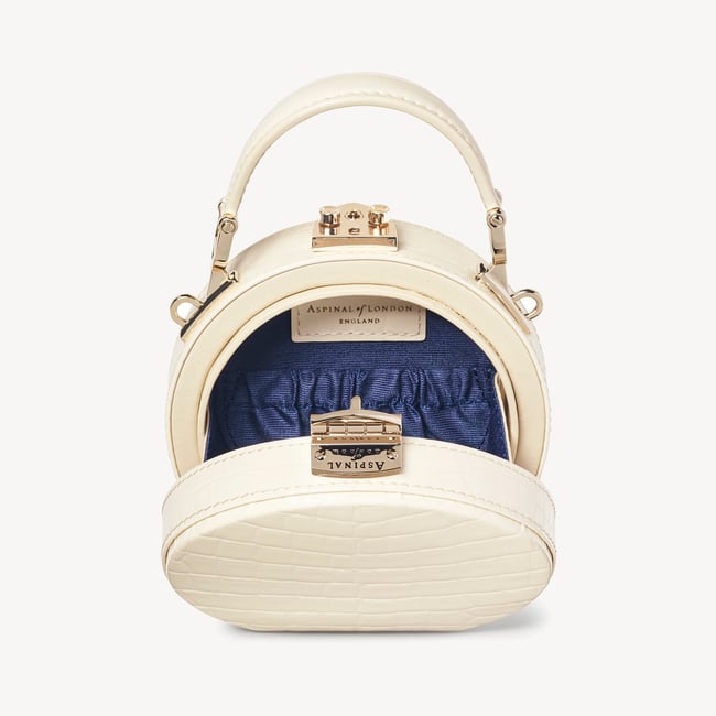Ivory Patent Croc Micro Hat Box Top Handle Bag | Aspinal
