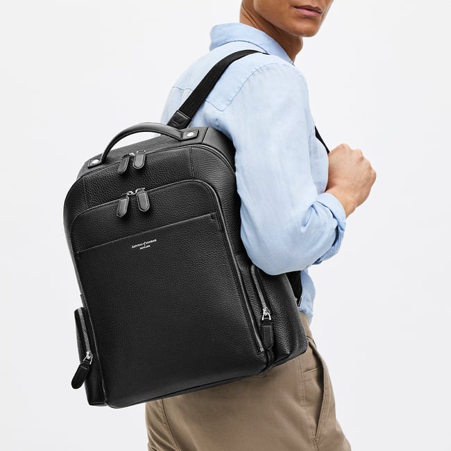 aspinal of london leather backpack Aspinal Of London Zipped Leather Backpack in Black Pebble