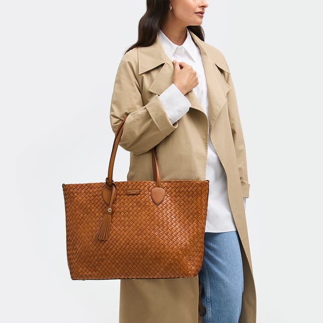 Large Island Tote in Tan Woven Leather | Aspinal of London display picture 1