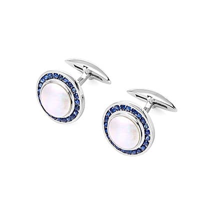 Aspinal of London Round Mother of Pearl Cufflinks Gemset with Cluster Sapphires in 9ct White Gold