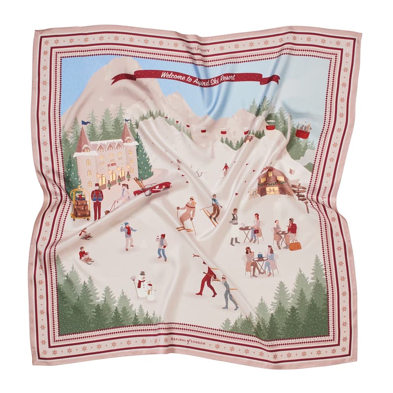 Aspinal of London Alpine Ski Scene Silk Scarf in Neutral Pure Silk view 2