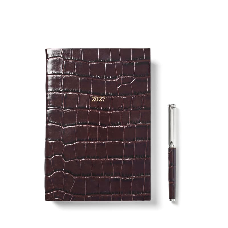 Aspinal of London 2027 A5 Tageskalender & Stifteset in tiefglänzendem Amazon Brown Croc