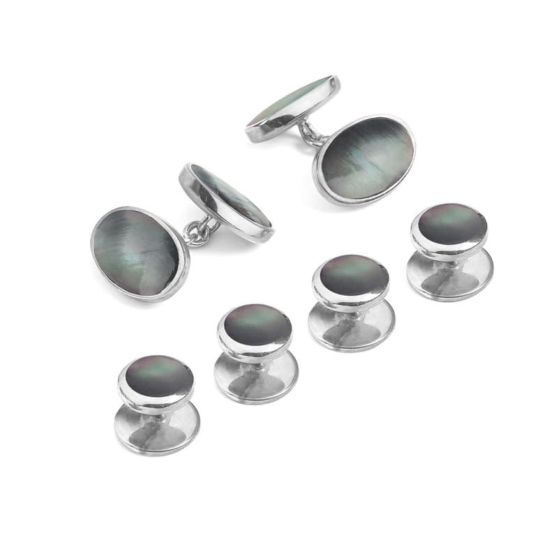 Aspinal of London Sterling Silver & Black Mother of Pearl Oval Cufflinks & Dress Shirt Studs Set