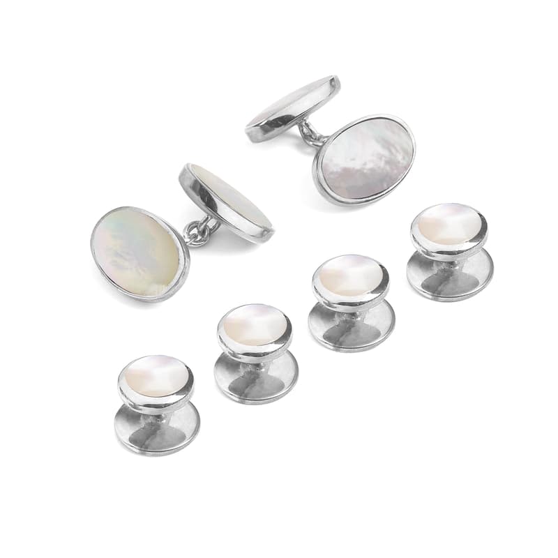 Aspinal of London Sterling Silver & Mother of Pearl Oval Cufflinks & Dress Shirt Studs Set