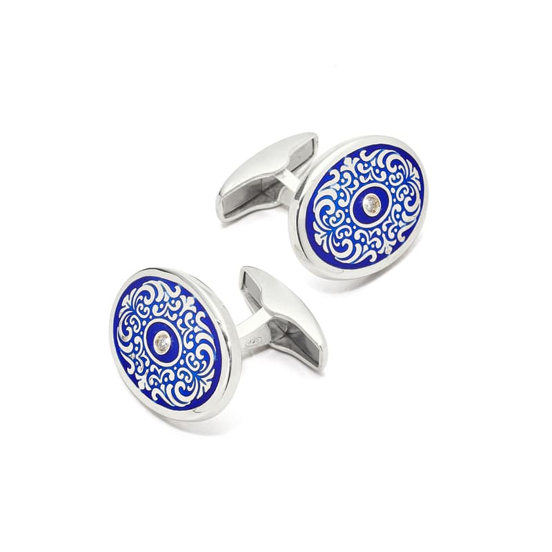 Aspinal of London Sterling Silver Engraved Enamel & Diamond Cufflinks in Dark Blue
