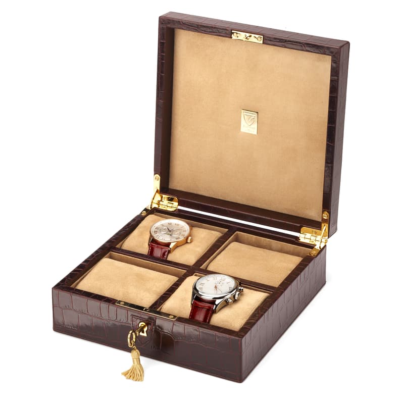 Aspinal of London Harrison Four Piece Watch Box in Deep Shine Amazon Brown Croc & Stone Suede