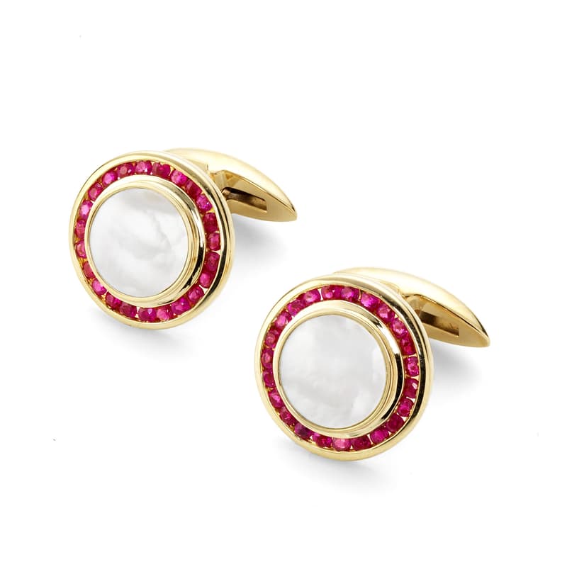 Aspinal of London Round Mother of Pearl Cufflinks Gemset with Cluster Rubies in 9ct. Yellow Gold