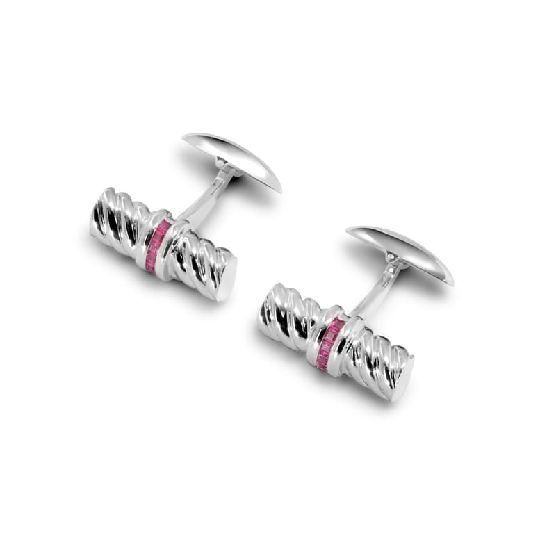 Aspinal of London Sterling Silver & Rubies Gemset Double Barrel Twist Cufflinks