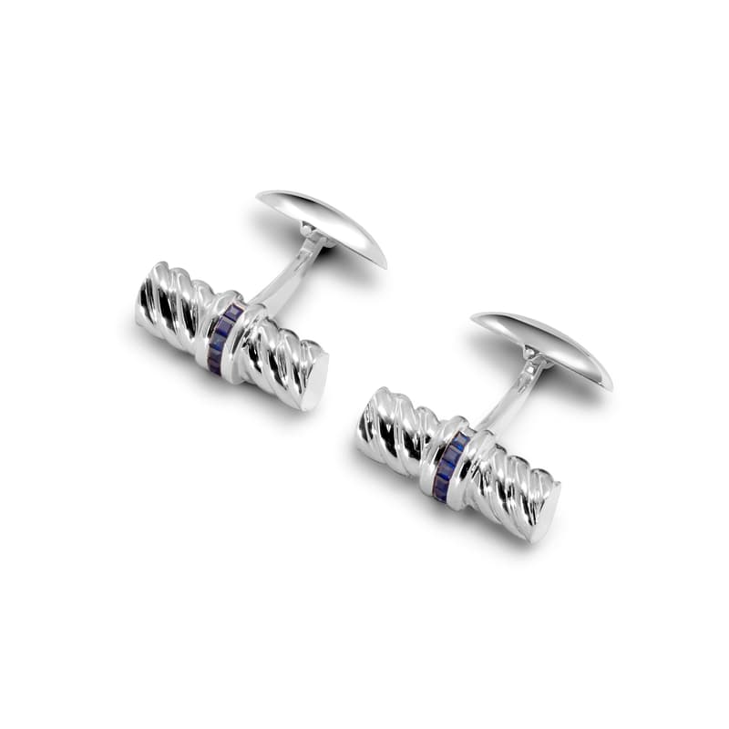 Aspinal of London Sterling Silver & Sapphires Gemset Double Barrel Twist Cufflinks