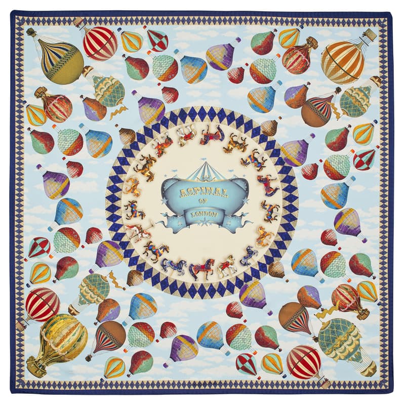 Aspinal of London Hot Air Balloon Silk Scarf in Navy Pure Silk Twill