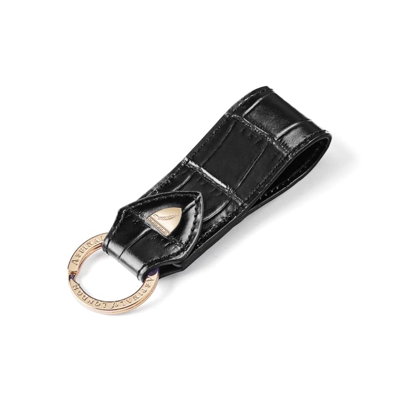 Aspinal of London Small Leather Loop Keyring in Deep Shine Black Croc Aspinal of London Small Leather Loop Keyring in Deep Shine Black Croc