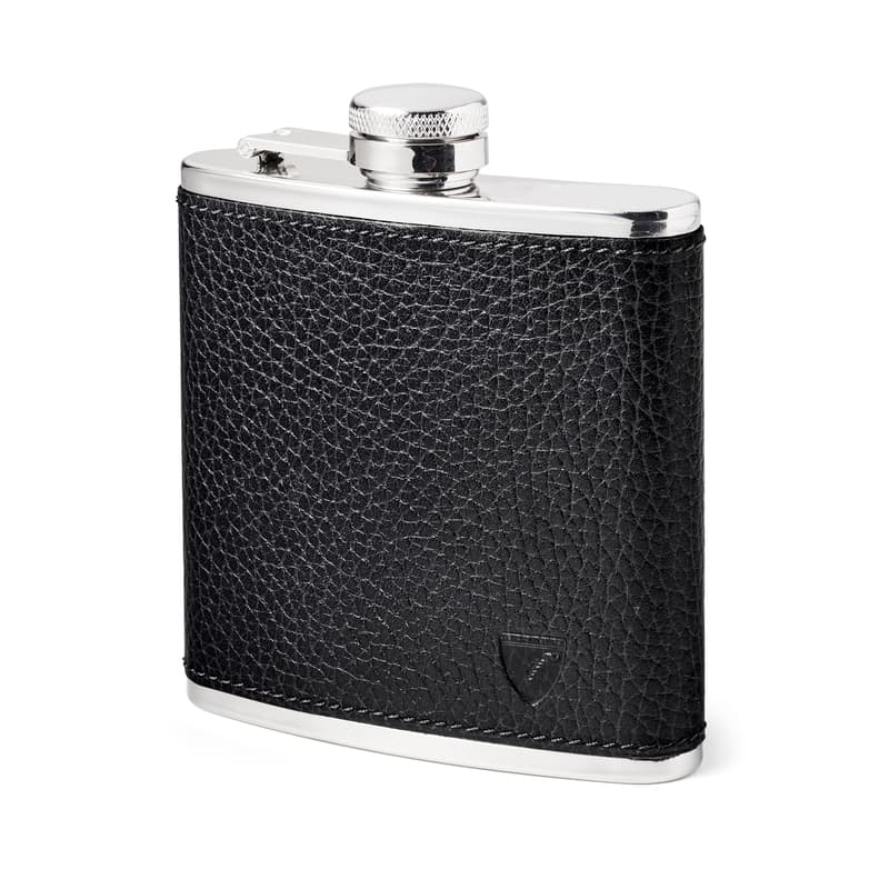 Aspinal of London Classic 5oz Leather Hip Flask in Black Pebble