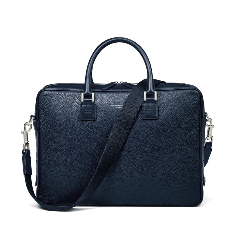 Aspinal of London Mount Street Leather Laptop Briefcase Bag in Navy Pebble