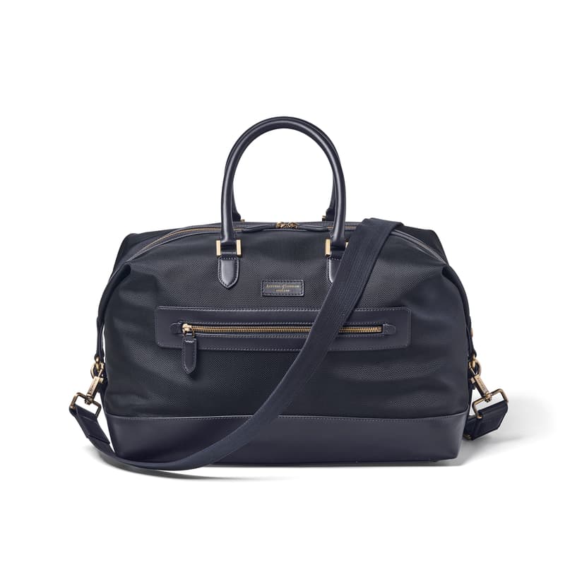 Aspinal of London Men’s Weekend Bag in Navy Leather-Trim Nylon Canvas