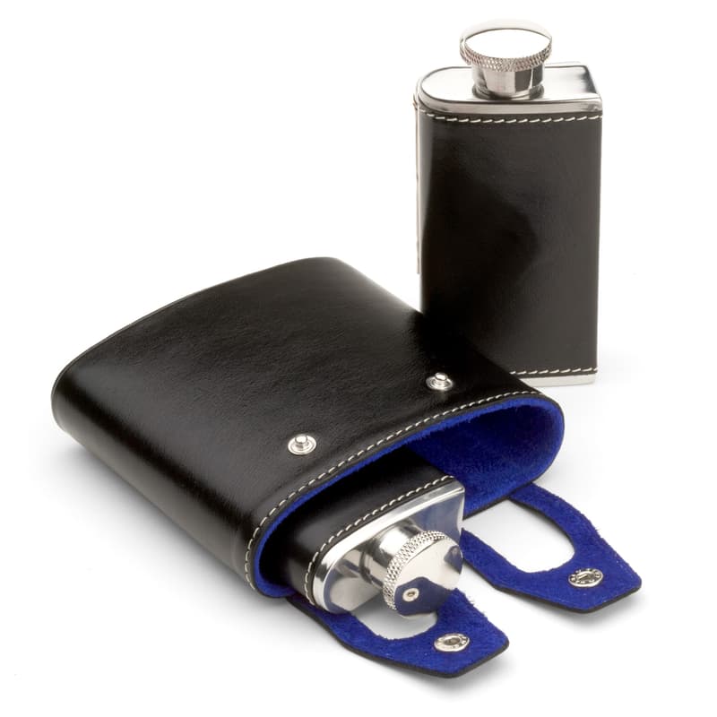 Aspinal of London Double 6oz Leather Hip Flask in Smooth Black & Cobalt Suede Aspinal of London Double 6oz Leather Hip Flask in Smooth Black & Cobalt Suede
