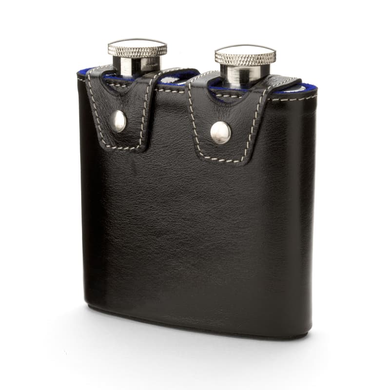 Aspinal of London Double 6oz Leather Hip Flask in Smooth Black & Cobalt Suede view 2
