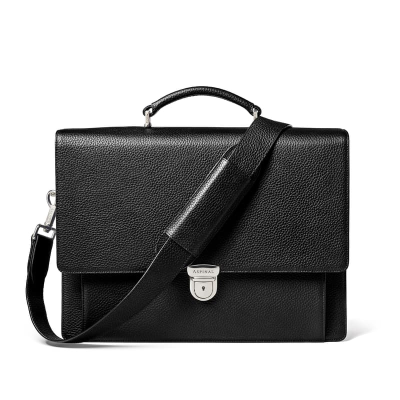 Aspinal of London City Leather Briefcase Bag in Black Pebble Aspinal of London City Leather Briefcase Bag in Black Pebble