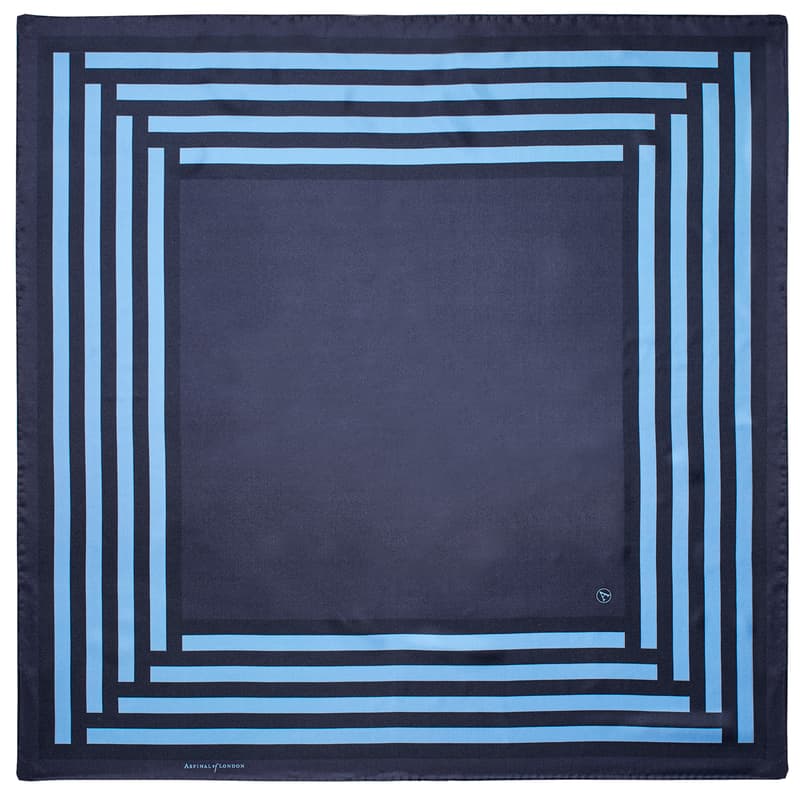 Aspinal of London Geometric Silk Scarf in Navy & Marine Pure Silk