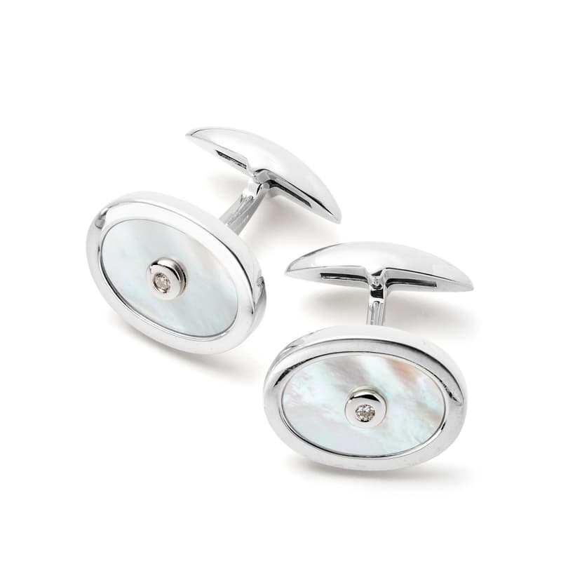 Aspinal of London Sterling Silver Mother of Pearl & Diamond Oval Cufflinks