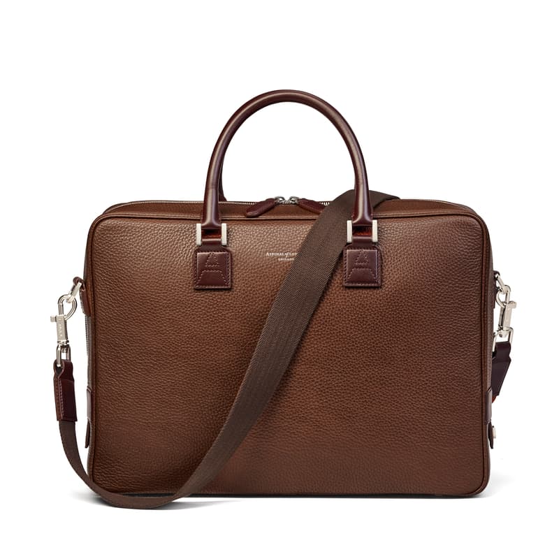 Aspinal of London Mount Street Leather Laptop Briefcase Bag in Tobacco Pebble