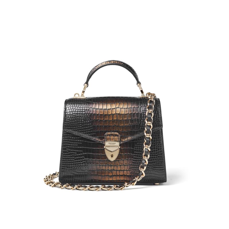 Aspinal of London Mayfair 2 Midi Black and Gold Leather Crocodile Print Bag