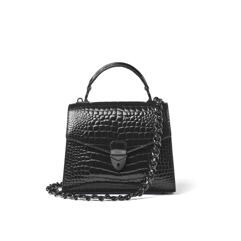 Aspinal of London Mayfair 2 Midi Black Leather Crocodile Print Bag Aspinal of London Mayfair 2 Midi Black Leather Crocodile Print Bag