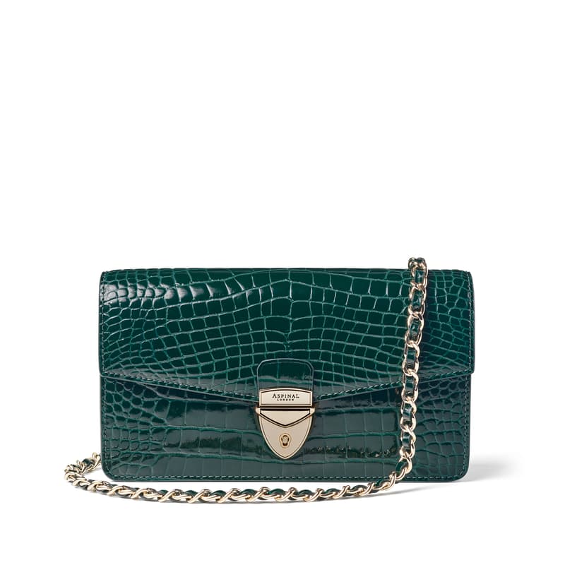 Aspinal of London Mayfair Clutch 2 Green Leather Crocodile Print Bag Aspinal of London Mayfair Clutch 2 Green Leather Crocodile Print Bag