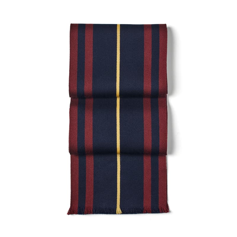 Aspinal of London Men's Striped Merino Wool Scarf in Navy & Burgundy with Yellow Stripe