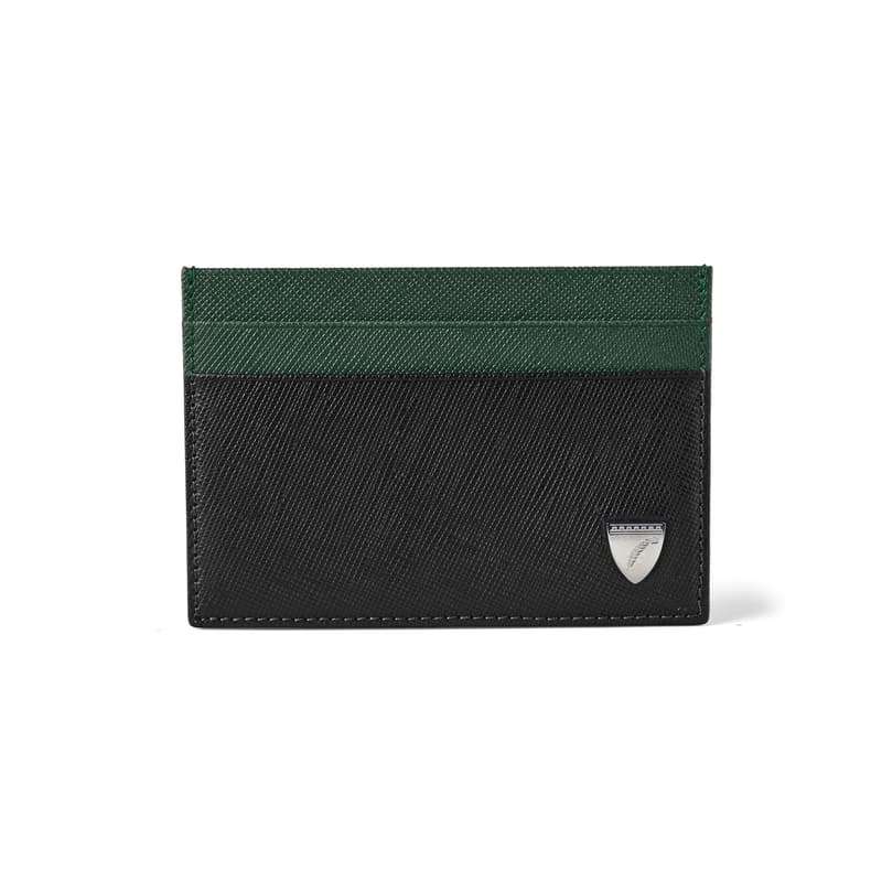 Aspinal of London Slim Credit Card Holder in Black & Green Saffiano Aspinal of London Slim Credit Card Holder in Black & Green Saffiano