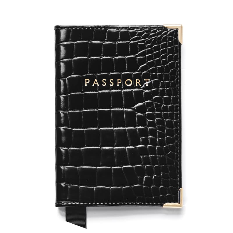 Aspinal of London Passport Cover in Black Patent Croc
