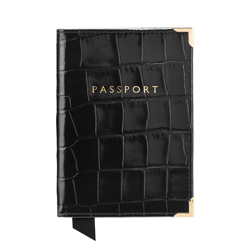 Aspinal of London Passport Cover in Deep Shine Black Croc & Red Suede