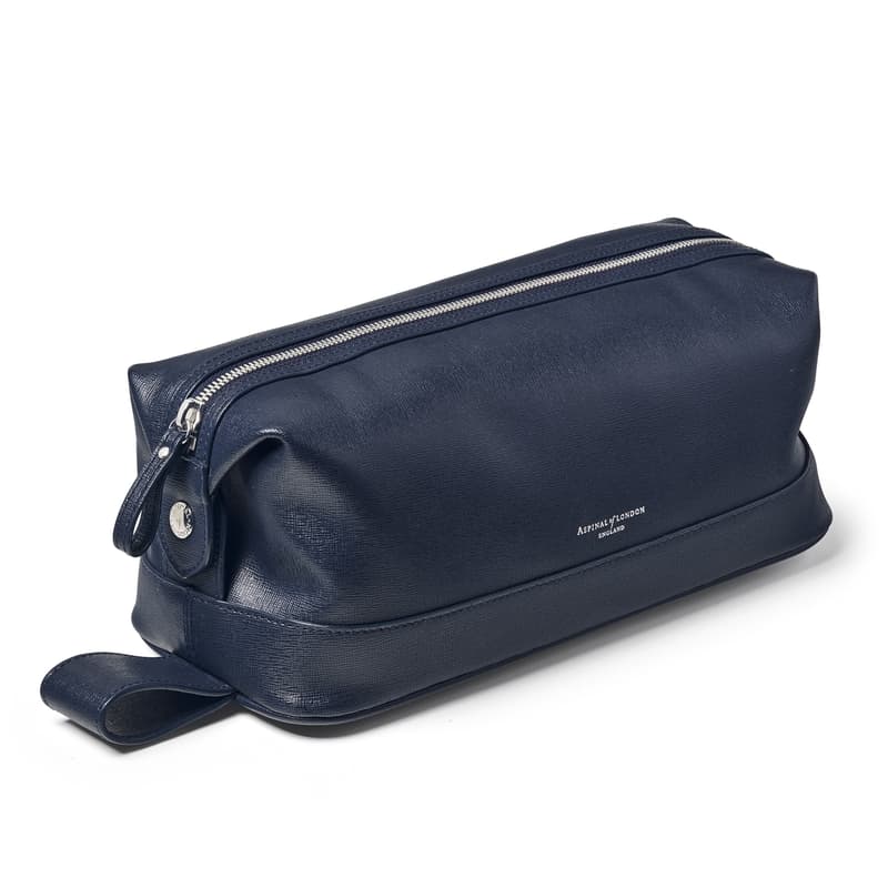 Aspinal of London Men's Leather Wash Bag in Navy Saffiano