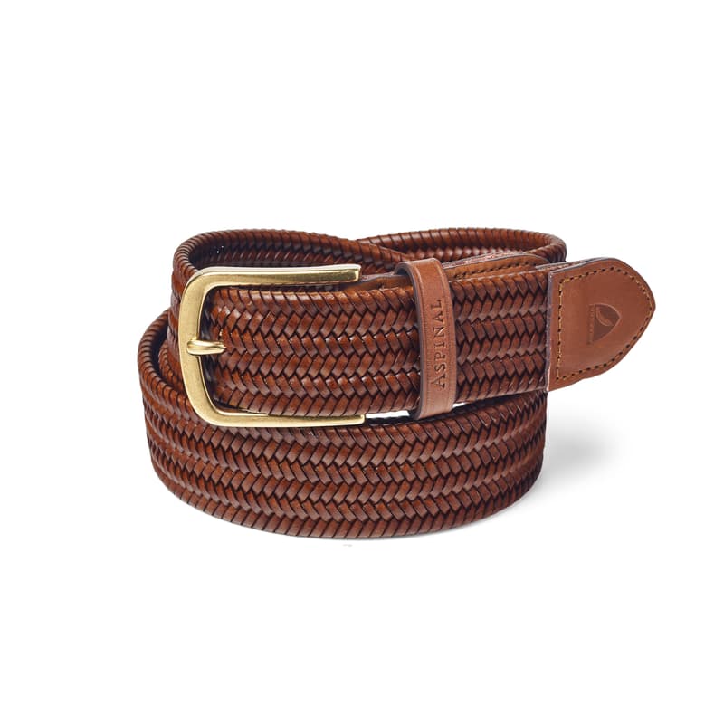 Aspinal of London Men's Woven Leather Belt in Tan Woven Leather