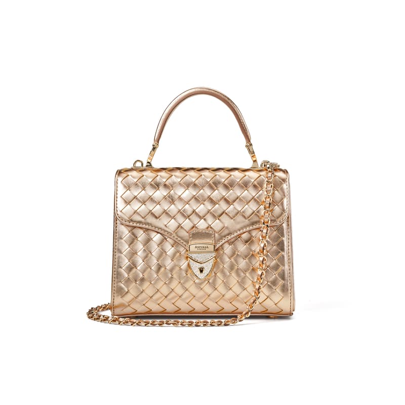Aspinal of London Midi Mayfair in Champagne Metallic Woven Leather