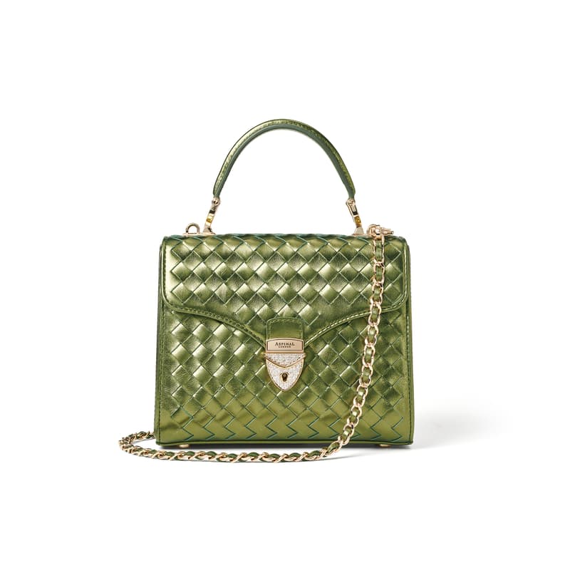 Aspinal of London Midi Mayfair Woven Leather Bag in Verdant Green Metallic Woven Leather