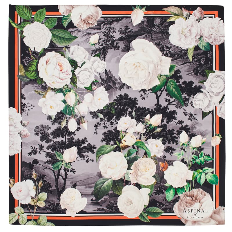 Aspinal of London Roses of the Orient Silk Scarf in Black & White Pure Silk