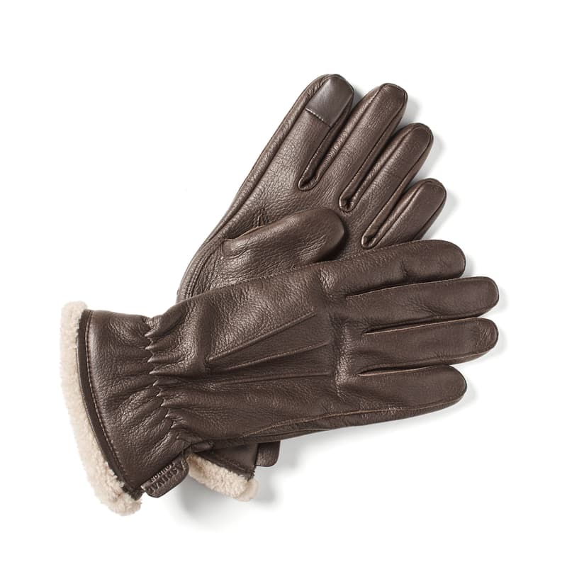 Aspinal of London Men's Deerskin Leather Gloves in Chocolate Deerskin with Shearling Cuff