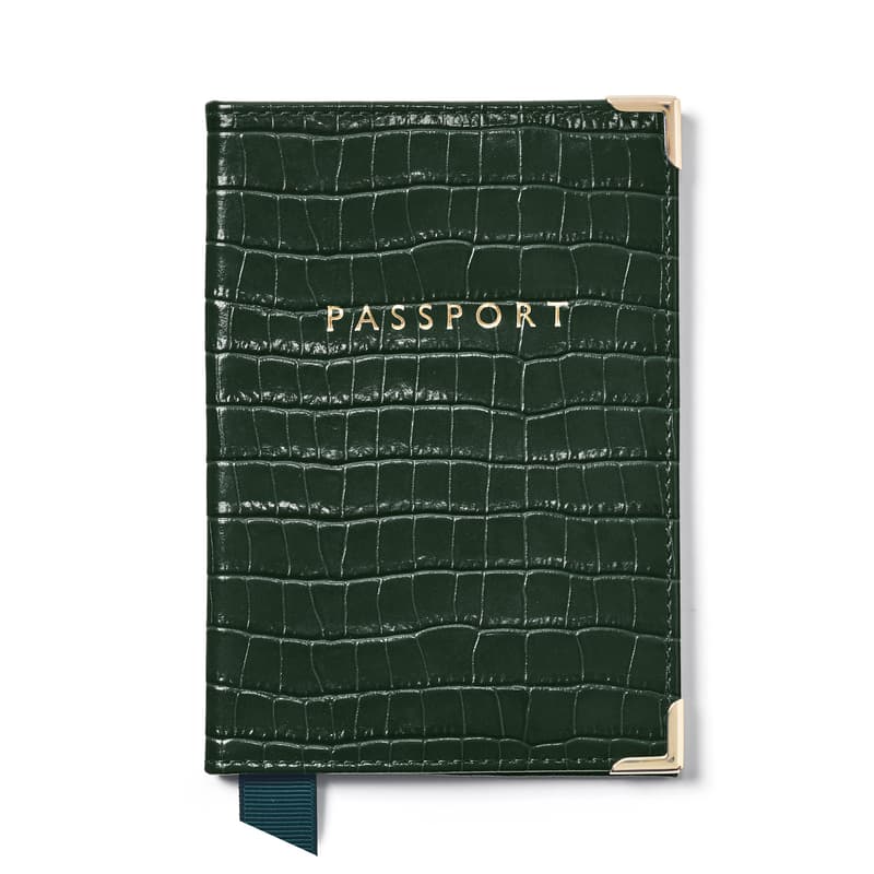 Aspinal of London Passport Cover in Deep Shine Evergreen Small Croc