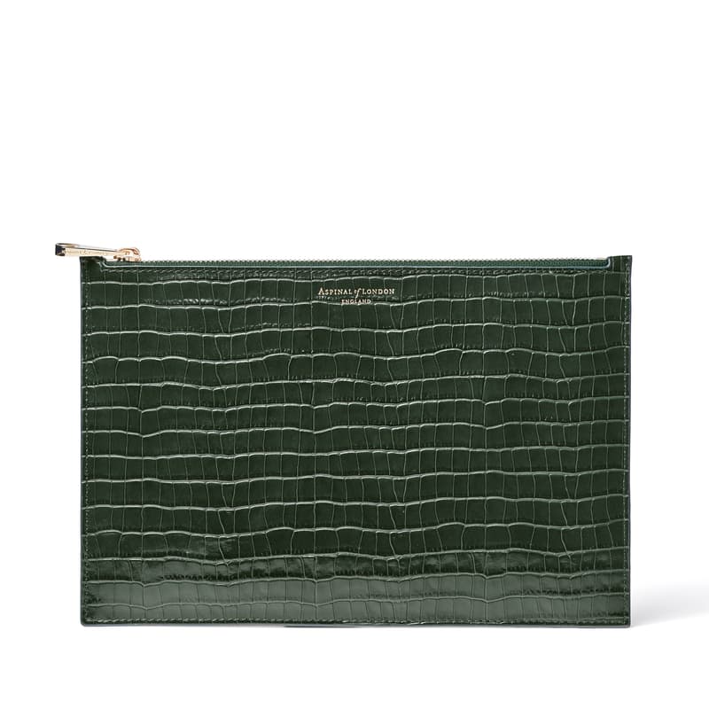 Aspinal of London Large Essential Flat Pouch in Deep Shine Evergreen Small Croc