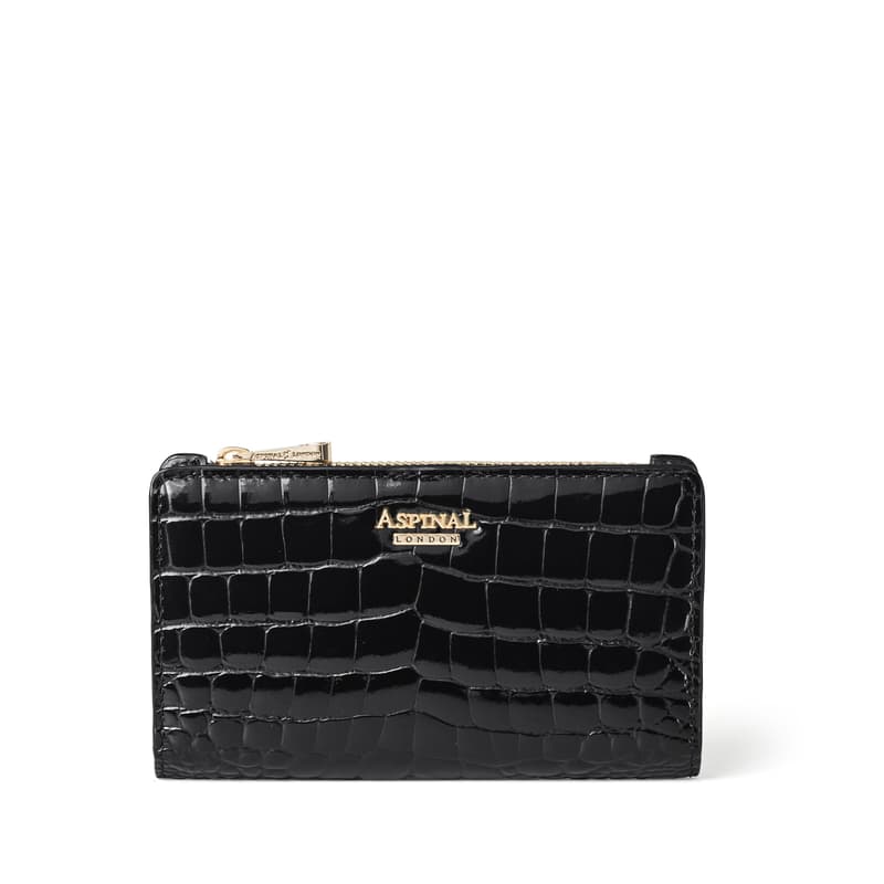 Aspinal of London Mayfair Coin & Card Leather Wallet in Black Patent Croc