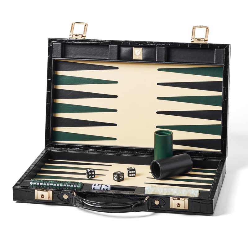Aspinal of London 15-inch Backgammon Set in Deep Shine Black Croc