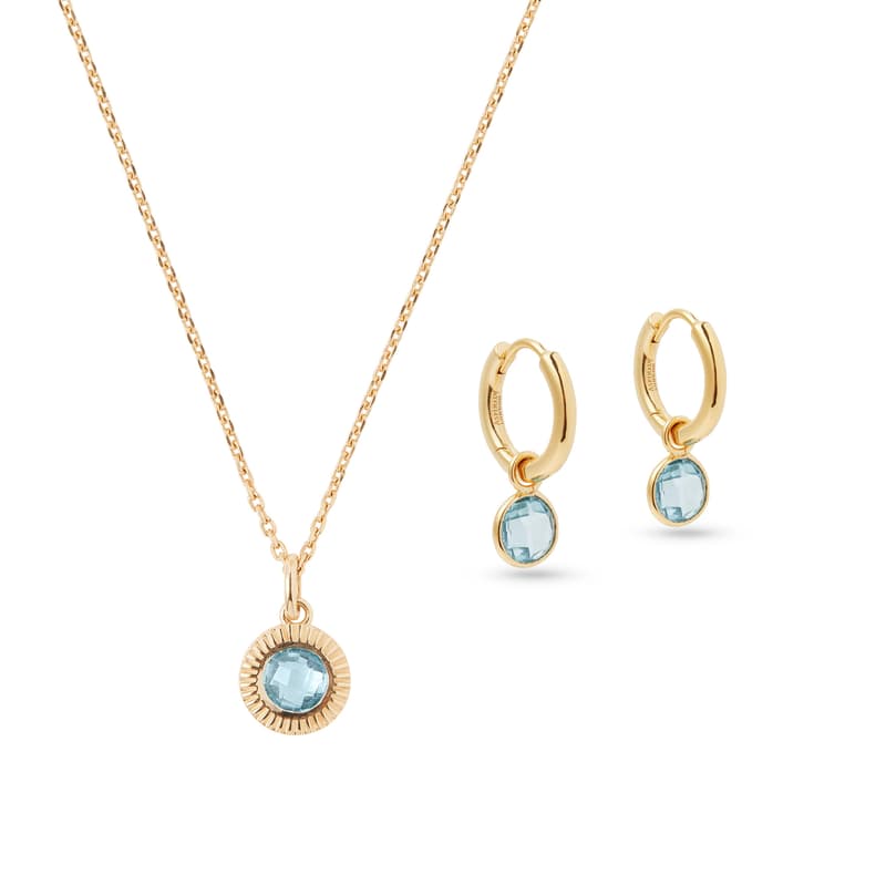 Aspinal of London Gemstone Pendant Necklace & Huggie Earrings Set in Swiss Blue Topaz & 18ct Gold Vermeil
