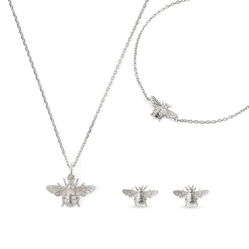 Aspinal of London Bee Charm Necklace, Bracelet & Stud Earrings Set in Sterling Silver 925