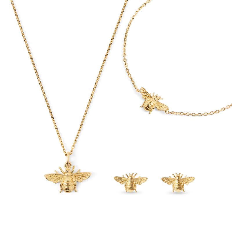 Aspinal of London Bee Charm Necklace, Bracelet & Stud Earrings Set in 18ct Gold Vermeil Aspinal of London Bee Charm Necklace, Bracelet & Stud Earrings Set in 18ct Gold Vermeil