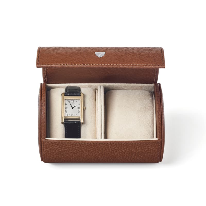 Aspinal of London Double Watch Roll in Tobacco Pebble Aspinal of London Double Watch Roll in Tobacco Pebble