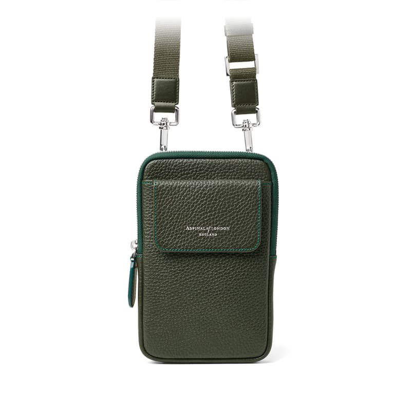 Aspinal of London Reporter Crossbody Phone Bag in Forest Green Pebble