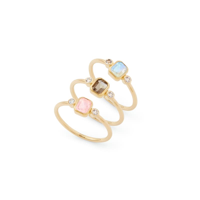 Aspinal of London Gemstone Ring Set Set in Smoky Quartz, Rainbow Moonstone, Rose Quartz & 18ct Gold Vermeil