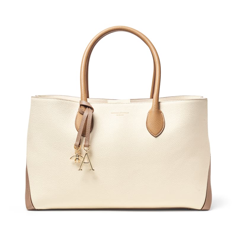 Aspinal of London Tote in Deep Taupe & Ivory Pebble